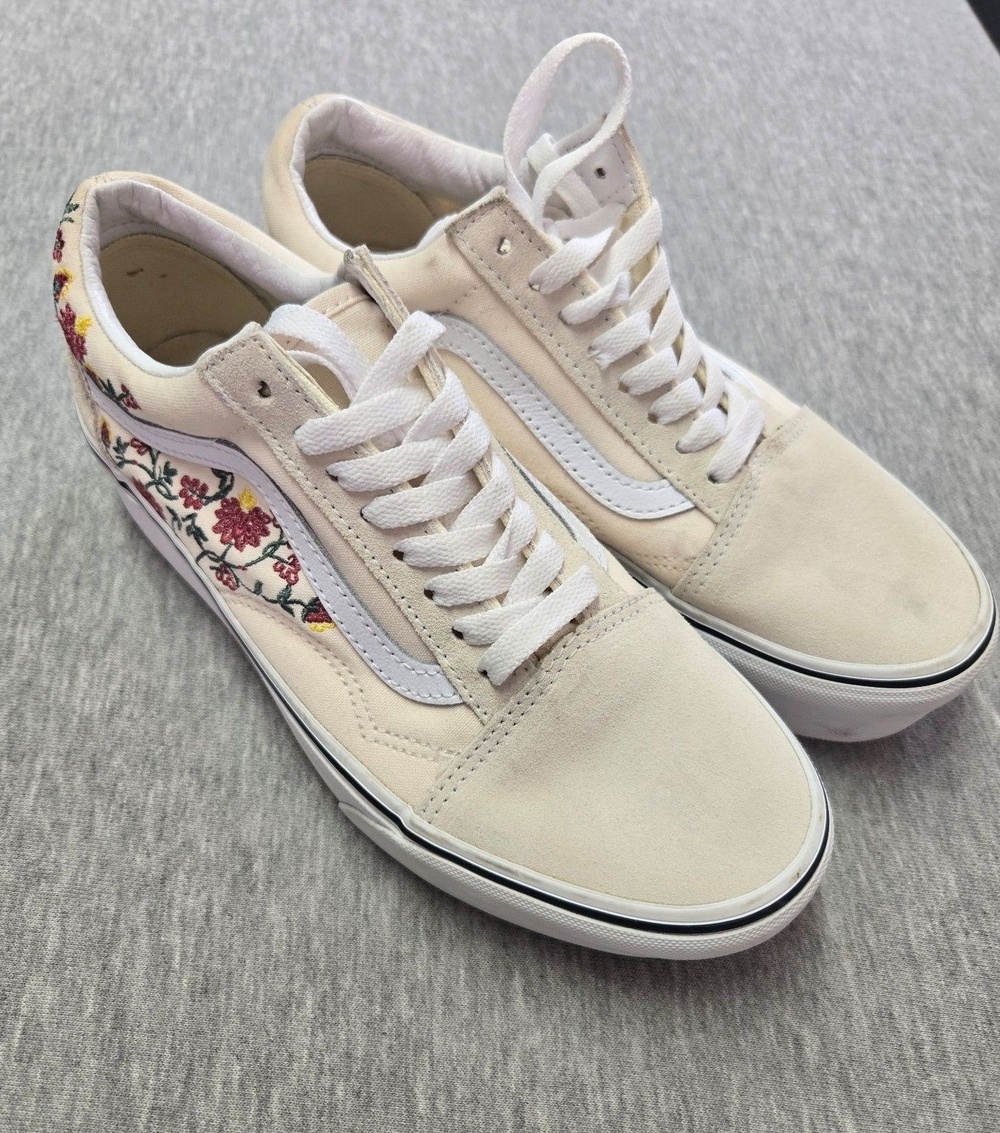 Vans Old Skool Platform Shoes Womens 8 Beige Suede Floral Embroidered